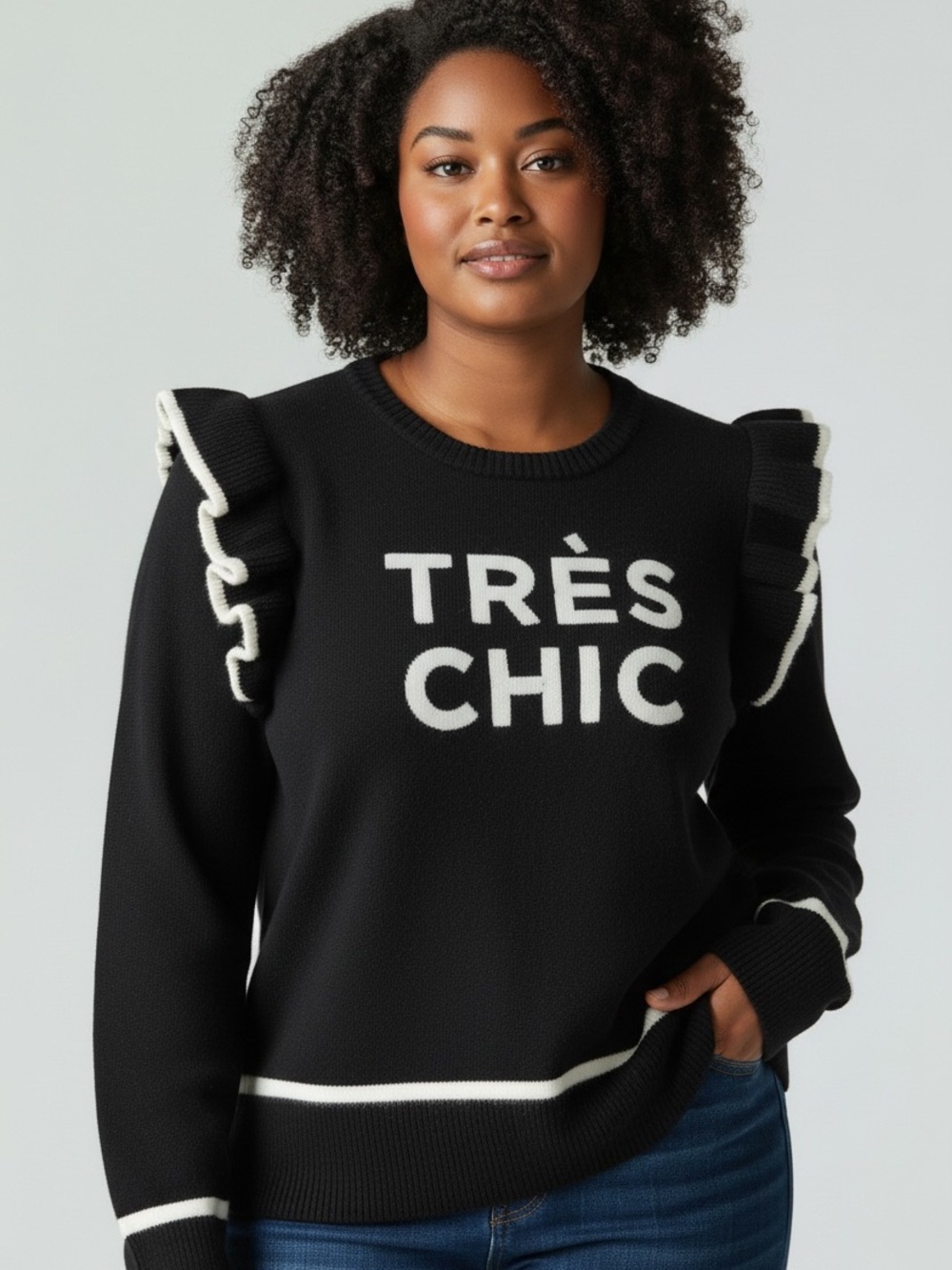 Karl Lagerfeld Black Sweater with White 'TRÈS CHIC' and Ruffle Shoulders